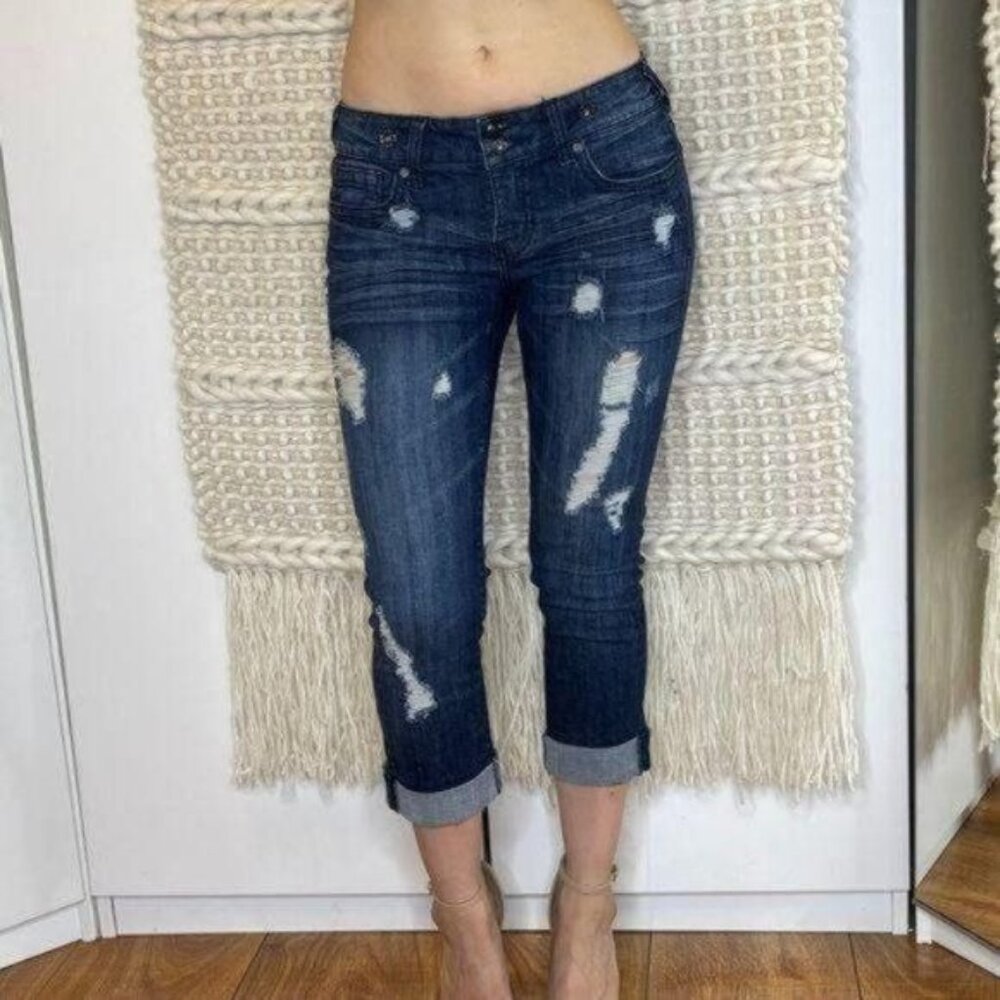 Denimology Dark Blue Distressed Cropped Jeans Mid Rise Size 5